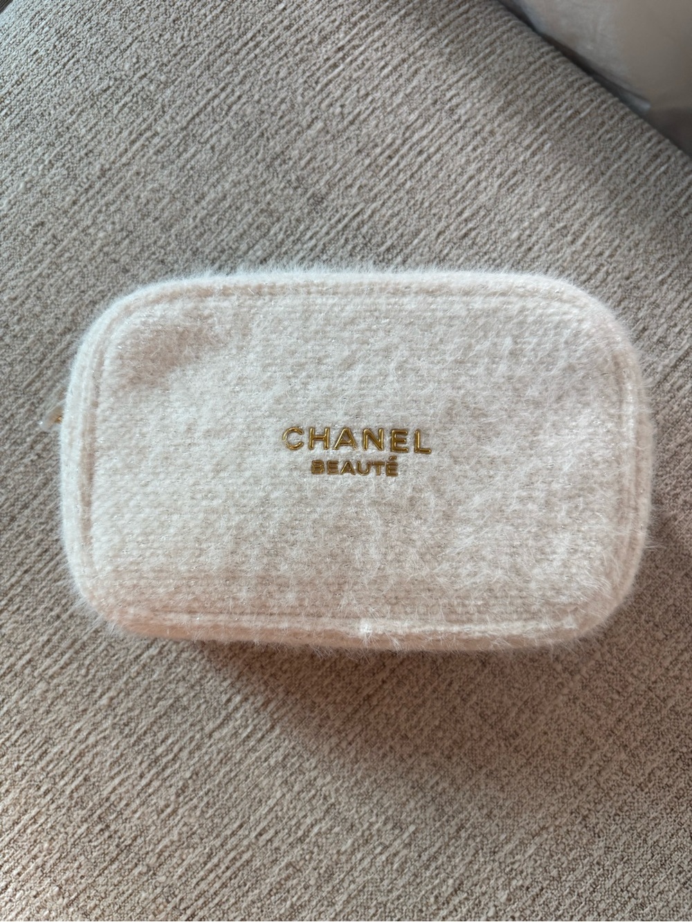 CHANEL Cream Textured Beauté Cosmetic Pouch with Gold Logo